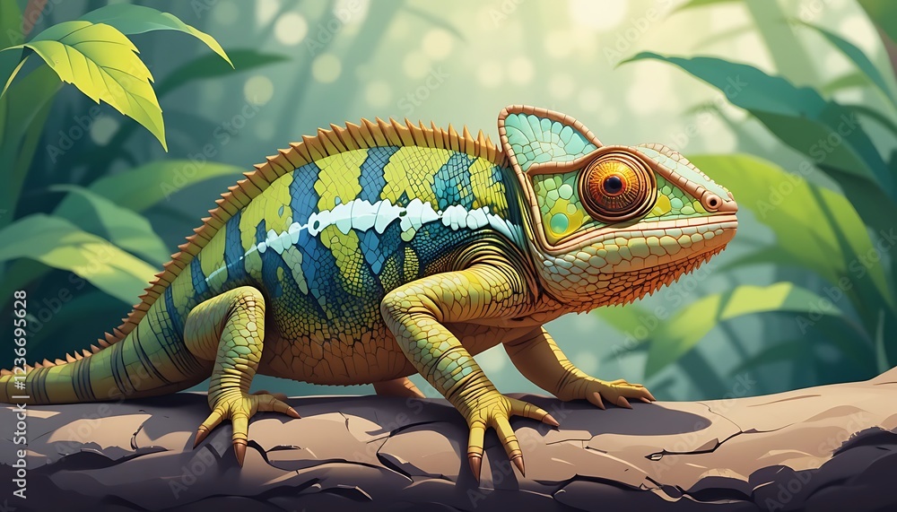 Obraz premium Vibrant Chameleon Perched on a Forest Branch