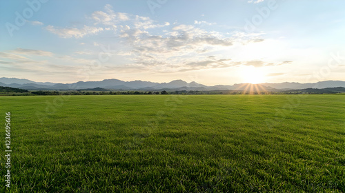 Sunset over green field, mountain range background (1)