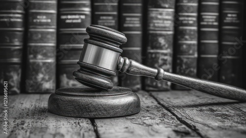 Judge's gavel on wooden table among law books photo