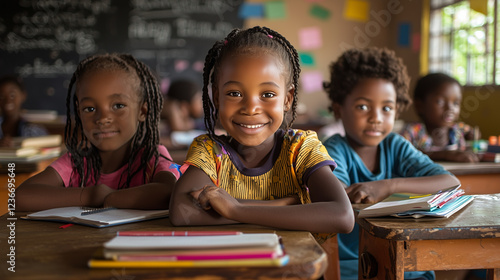 A medium shot of three children sitting at desks in a classroom, all smiling and engaged. Their desks are neat, with textbooks, notebooks, and colorful stationery. The classroom is