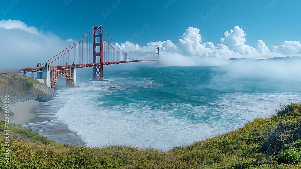 Fototapeta premium Foggy Golden Gate Bridge with ocean waves crashing on shore.