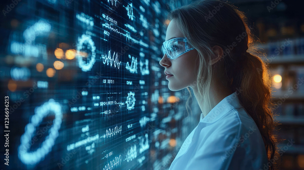 A focused scientist wearing protective glasses analyzes complex data and futuristic graphics on a transparent digital screen in a high-tech environment A focused scientist wearing protective glasses analyzes complex data and futuristic graphics on a transparent digital screen in a high-tech environment