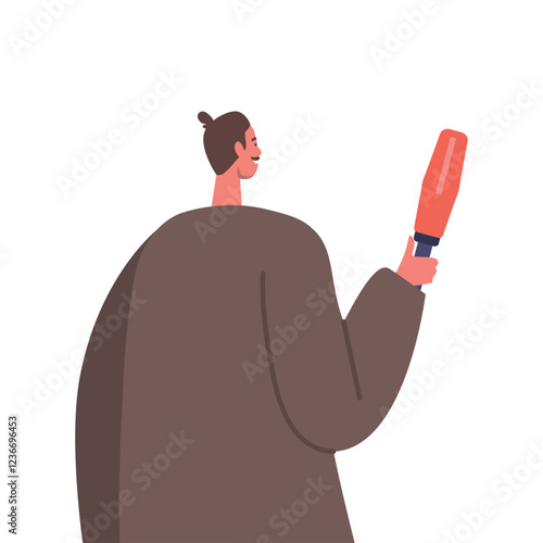 Male Character with Microphone Rear View. Journalist Interviewing, Visiting Press Conference or Briefing