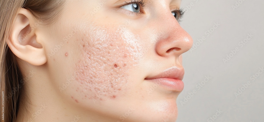 Woman's acne-scarred cheek, profile view, light background, skincare Woman's acne-scarred cheek, profile view, light background, skincare