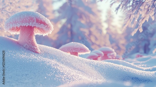 This is a clear photo of heavy snow, endless snow, a beautiful row of pink mushroom-shaped rime in the snow, many beautiful and undulating continuous  photo