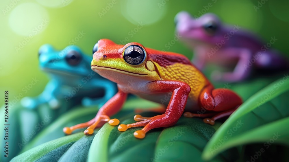 Obraz premium Vibrant frogs resting on lush leaves tropical rainforest wildlife photography natural habitat close-up biodiversity
