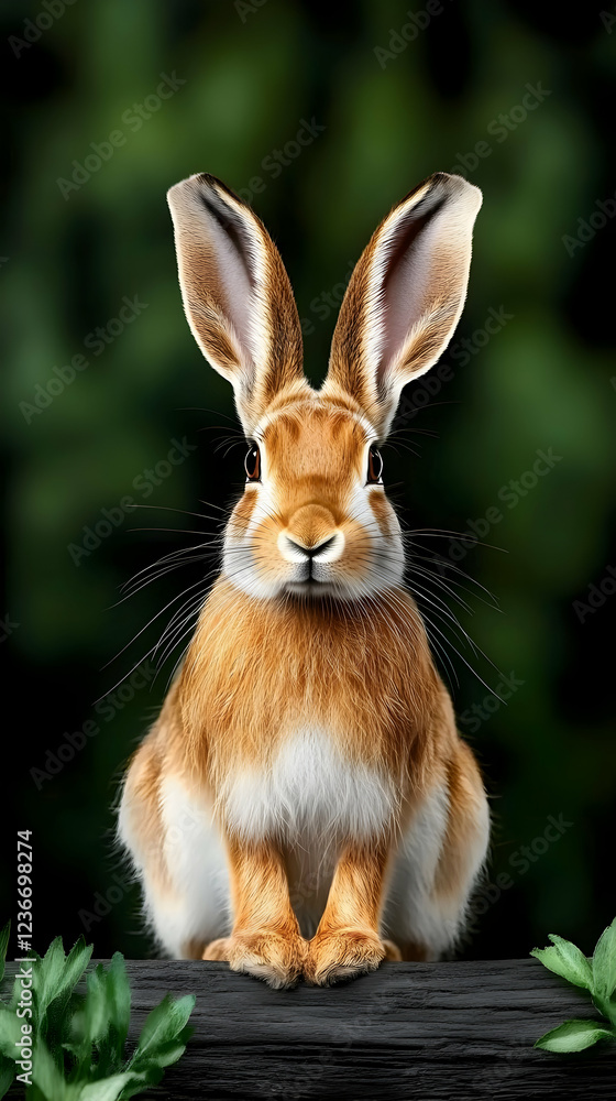 Obraz premium Alert brown hare sitting on log, green forest background; nature wildlife image for websites