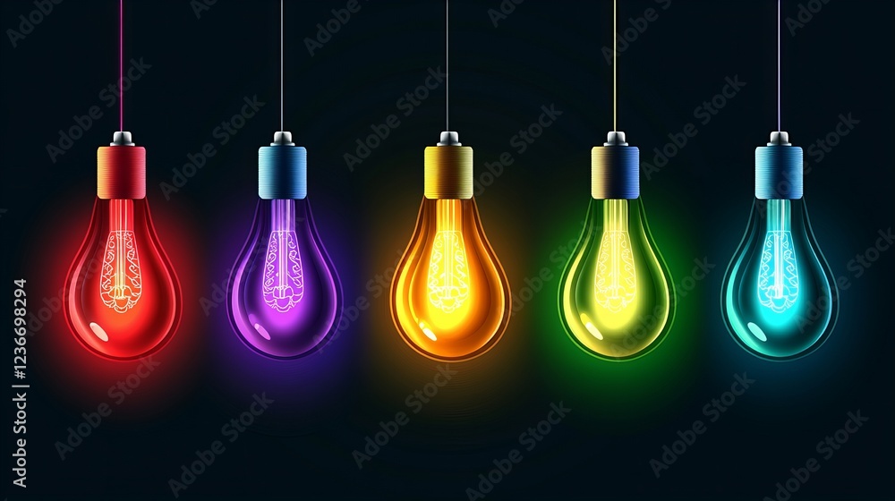 Five glowing lightbulbs, each a vibrant color, illuminate the dark background. A unique design element within each bulb adds intrigue. Five glowing lightbulbs, each a vibrant color, illuminate the dark background. A unique design element within each bulb adds intrigue.