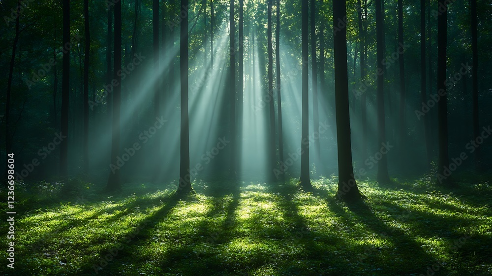 Fototapeta premium Forest sunbeams golden hour fog