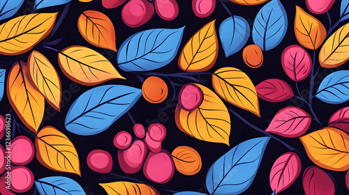 Autumn leaves and berries seamless pattern.  Ideal for fall-themed designs, textile prints, and wallpapers