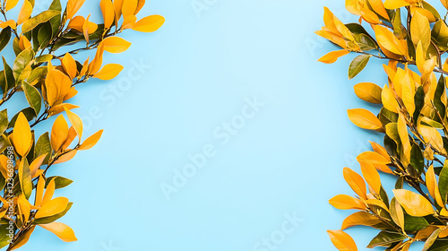 Autumn leaves frame on blue background, perfect for seasonal design