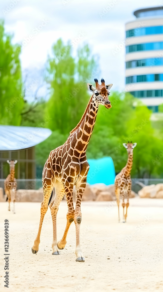 Obraz premium Baby giraffe walking in zoo enclosure, city background, nature and urban contrast, wildlife conservation