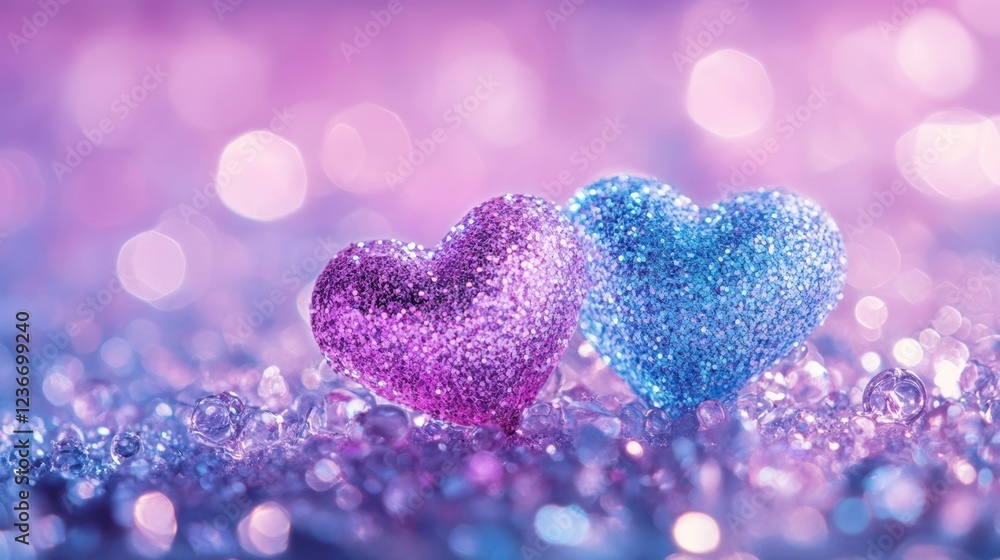 Fototapeta premium Two Sparkling Glitter Hearts On Dreamy Background With Twinkling Lights And Bokeh Effect
