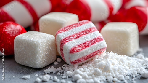 Peppermint candy cubes, red stripes, sugar, close-up photo