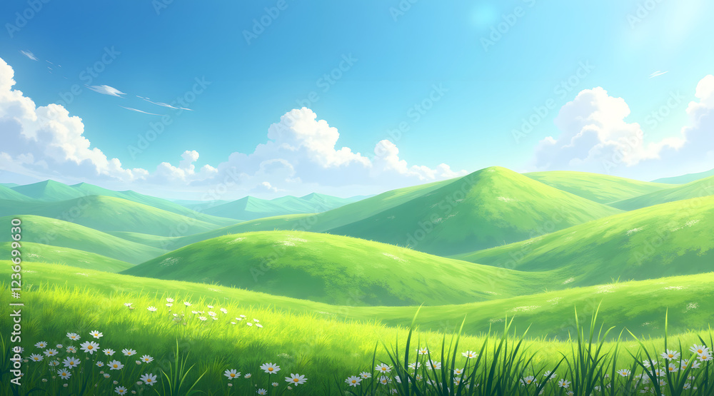 Gently rolling green hills stretch under a clear blue sky in spring, adorned with vibrant flowers and illuminated by gentle sunlight Gently rolling green hills stretch under a clear blue sky in spring, adorned with vibrant flowers and illuminated by gentle sunlight