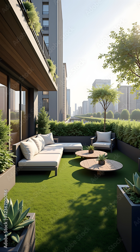 Fototapeta premium A serene rooftop garden in an urban setting features lush greenery, modern furniture, and soft natural lighting, creating a tranquil retreat in the city