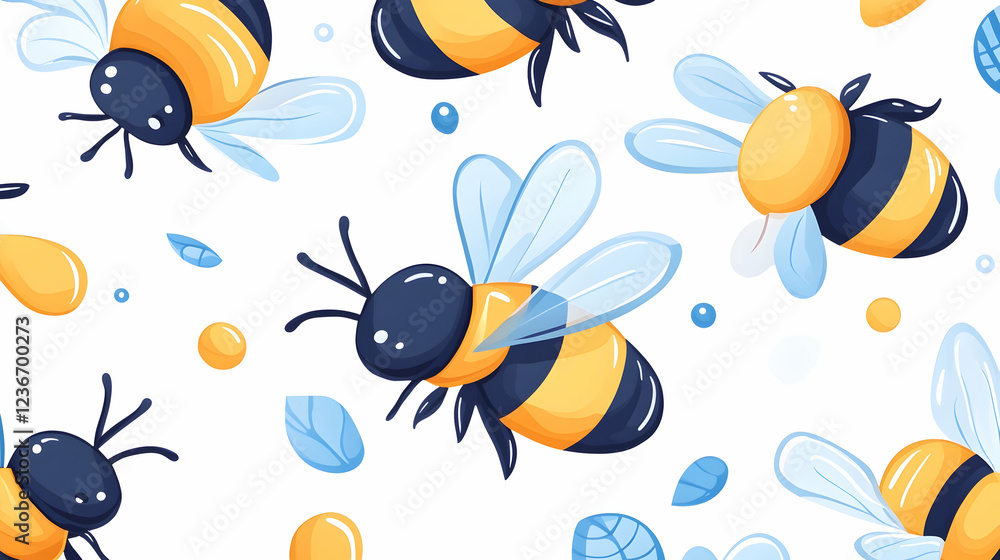 Busy bees flying, pollen, white background, nature pattern, textile design Busy bees flying, pollen, white background, nature pattern, textile design