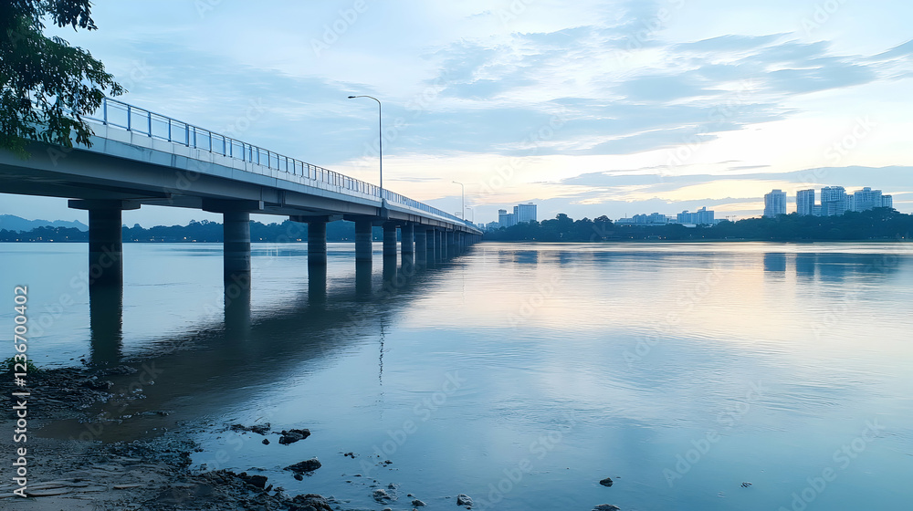 Calm dawn over river bridge, city skyline background; tranquil travel scene Calm dawn over river bridge, city skyline background; tranquil travel scene