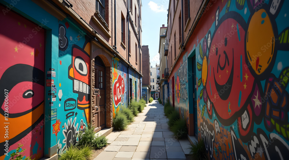Naklejka premium Vibrant urban alleyway adorned with striking street art, showcasing rich textures and dynamic natural lighting with bright murals on colorful walls