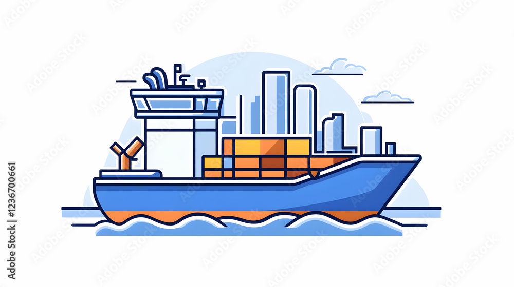 Obraz premium Cargo ship sailing near city skyline; global trade, logistics concept illustration