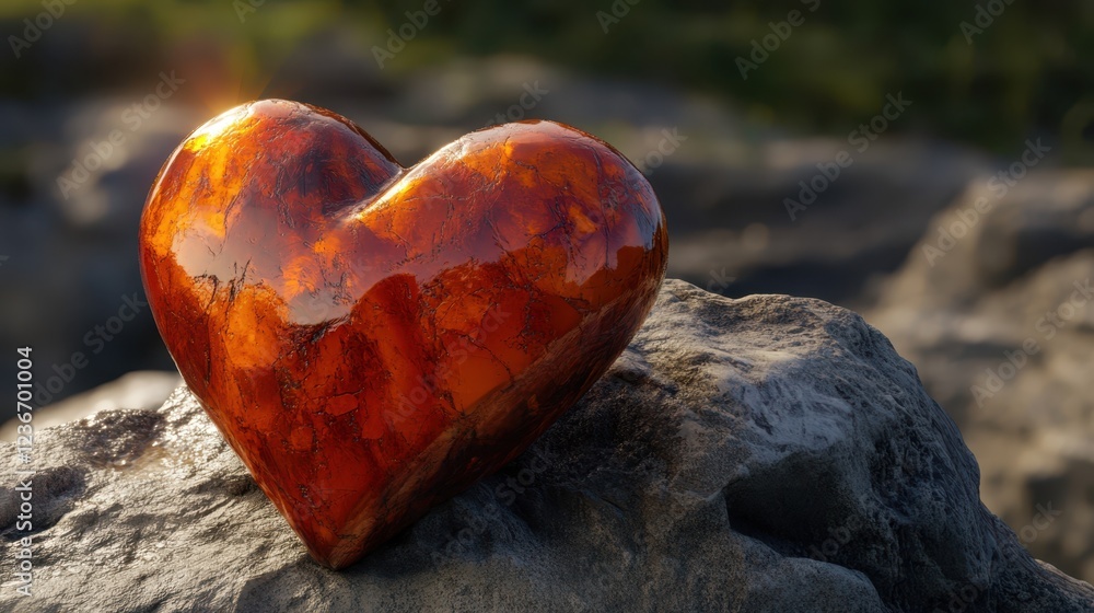 Fototapeta premium A translucent amber heart on stone surface, symbolizing warmth, strength, and natural beauty