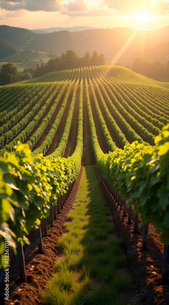 Fototapeta premium A sprawling vineyard at golden hour showcases meticulously detailed grapevines and rolling hills illuminated by natural sunlight creating a serene landscape