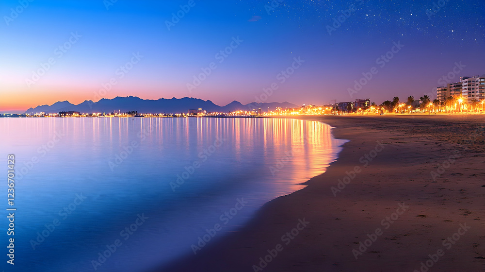 Obraz premium Coastal city twilight, beach reflections, mountains, calm sea, night cityscape, travel tourism