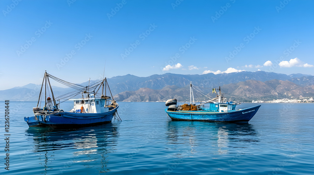 Coastal fishing boats at anchor, mountains in background, sunny day, travel imagery