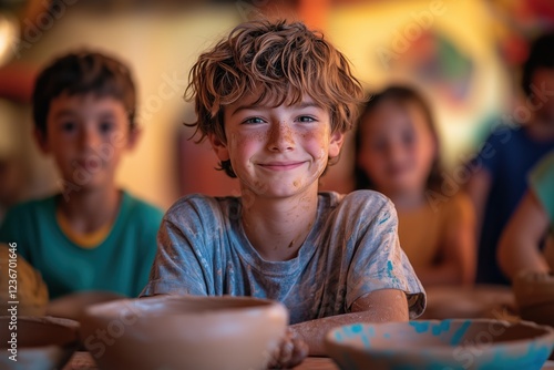 Kids engaged in pottery workshop exploring ancient techniques and creativity photo