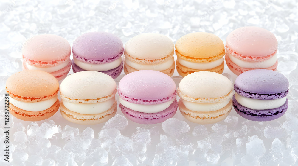 Obraz premium Colorful macarons on ice, dessert, food photography, sweet treat, bakery, confectionery, culinary