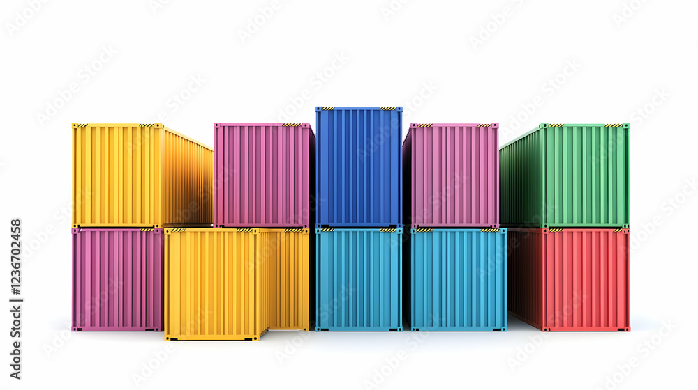 Obraz premium Colorful shipping containers stacked, white background, global trade, logistics