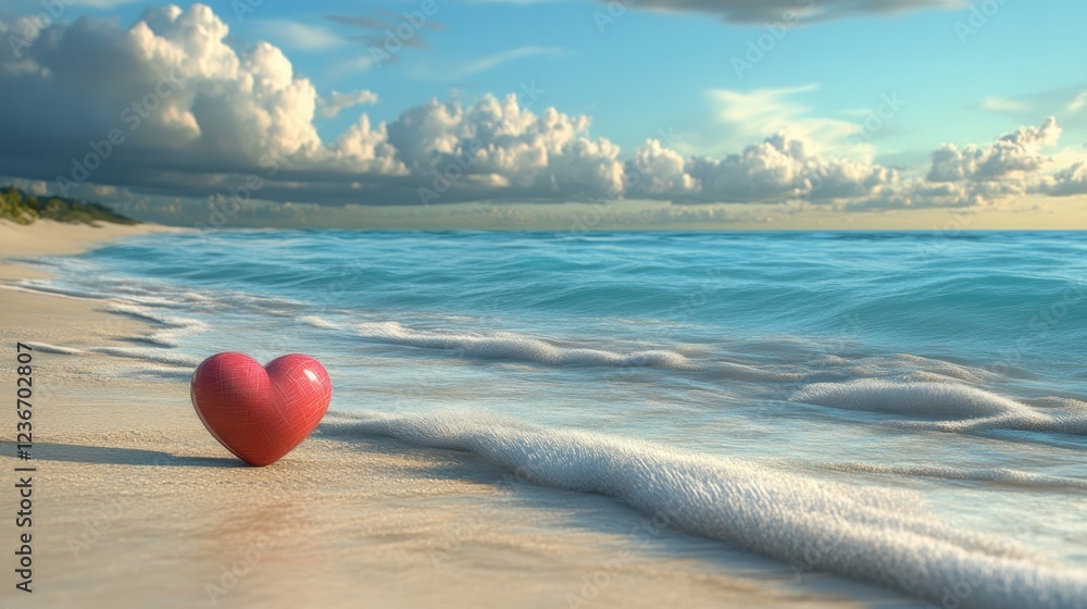 Fototapeta premium Heart-shaped object floating on smooth ocean waves under cloudy sky