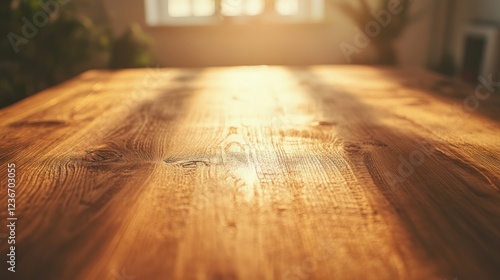 Wallpaper Mural Golden Hour on Wooden Tabletop: Sunlit Wood Grain Texture Torontodigital.ca