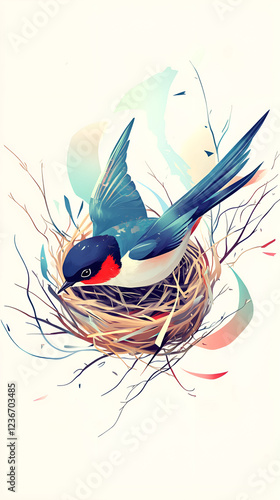 Artistic illustration of a swallow in a nest, vibrant colors and whimsical design