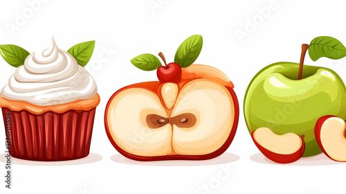 Cupcake, apple slices, and whole apple; autumnal dessert and fruit arrangement; white background; food blog or recipe illustration