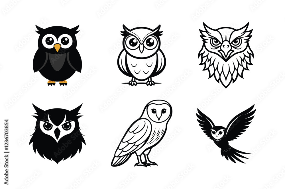 Six Unique Black-and-White Owl Illustrations in Different Styles Six Unique Black-and-White Owl Illustrations in Different Styles
