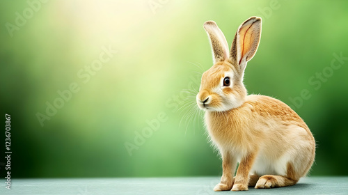 Cute bunny rabbit sitting outdoors, green spring background, Easter card