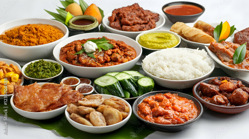 Delicious Asian cuisine buffet spread with various curries, rice, and side dishes. Perfect for food blogs or restaurant menus Delicious Asian cuisine buffet spread with various curries, rice, and side dishes. Perfect for food blogs or restaurant menus