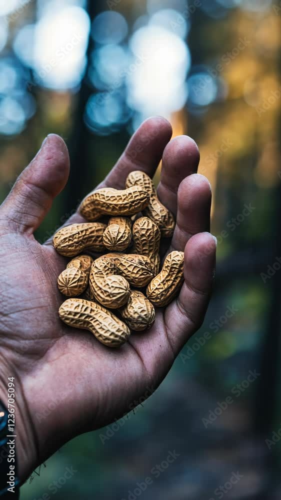 Handful of freshly harvested peanuts surrounded by a forest backdrop in autumn Handful of freshly harvested peanuts surrounded by a forest backdrop in autumn