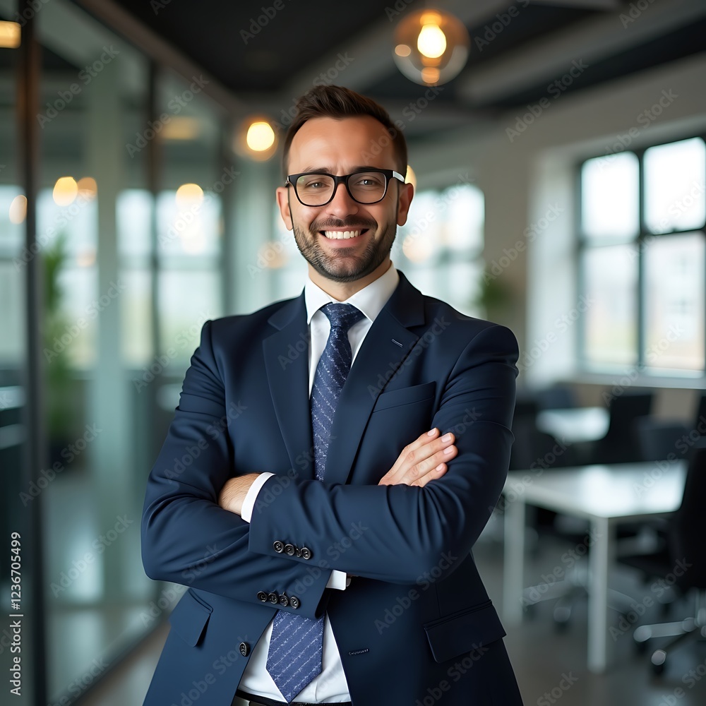 Fototapeta premium Professional Businessman in Navy Suit and Blue Tie with Confident Smile and Arms Crossed in Corporate Office Environment