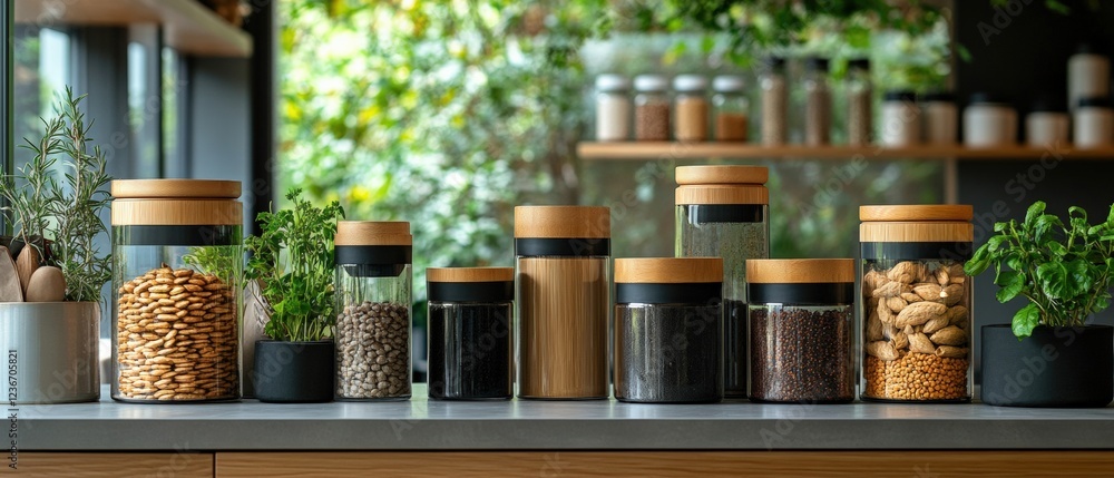 Organized kitchen storage modern home indoor close-up culinary order Organized kitchen storage modern home indoor close-up culinary order