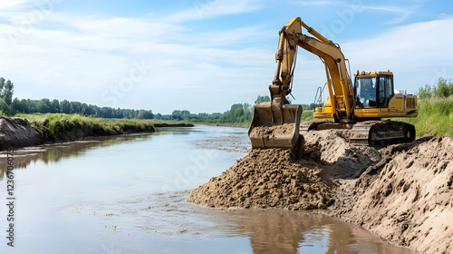 Excavator dredging riverbank, sunny day, rural landscape, construction site; industrial project