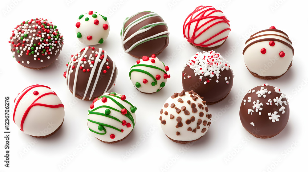 Fototapeta premium Festive chocolate truffles, assorted designs, holiday treats, white background, food photography, perfect for recipes or gift guides