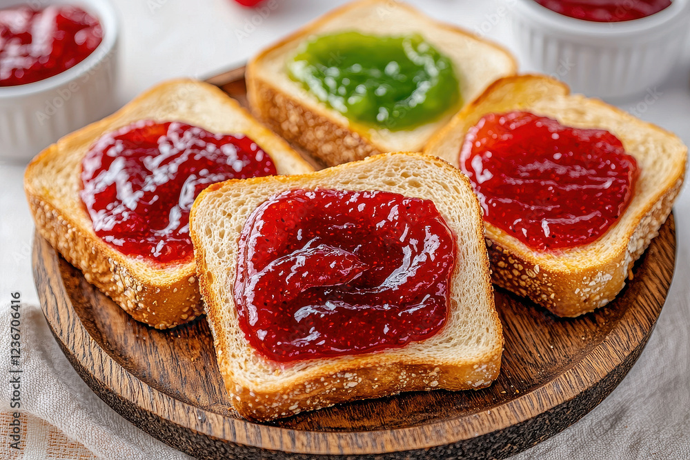 Delightful assortment of bread with vibrant fruit jams served on a wooden platter for a cheerful breakfast Delightful assortment of bread with vibrant fruit jams served on a wooden platter for a cheerful breakfast