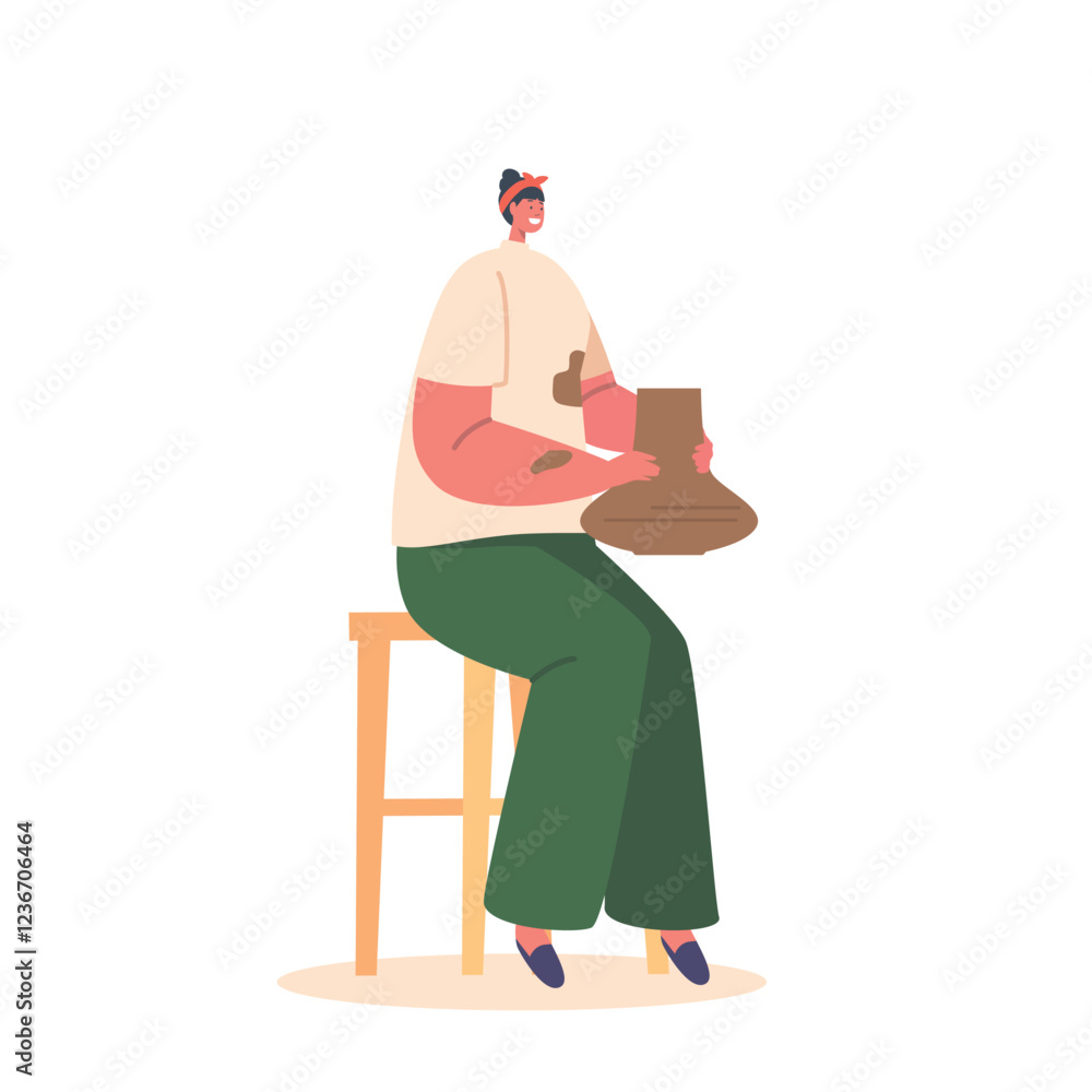 Skilled Potter Woman Expertly Shaping Clay On A Wheel, Creating Beautiful Pottery Piece. Female Character Mold The Clay Skilled Potter Woman Expertly Shaping Clay On A Wheel, Creating Beautiful Pottery Piece. Female Character Mold The Clay