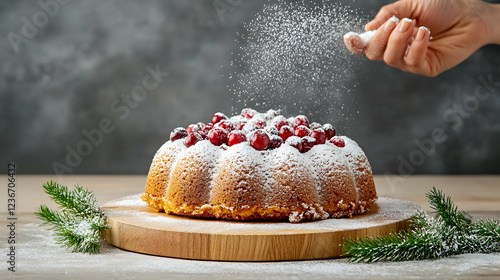 Festive cranberry cake dusted with powdered sugar on wooden board, winter background photo