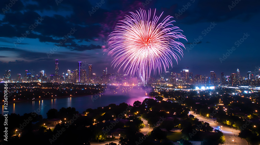 Fireworks explode over city skyline at night, reflecting on water. Use celebration, event Fireworks explode over city skyline at night, reflecting on water. Use celebration, event