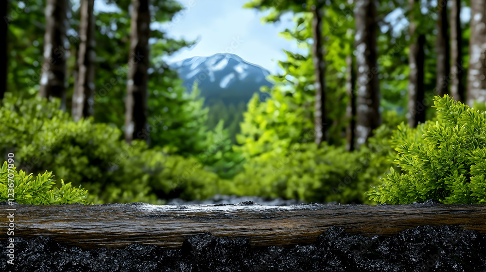 Forest trail log product display; mountain background Forest trail log product display; mountain background