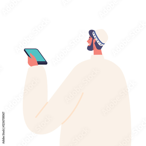 Arab Journalist Male Character Holding Dictaphone, Muslim Reporter Interviewing Rear View. Media Person Reportage