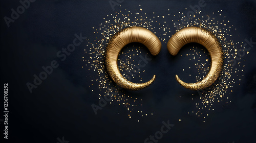 Golden ram horns on dark background with glitter; perfect for luxury, power, or zodiac themes photo